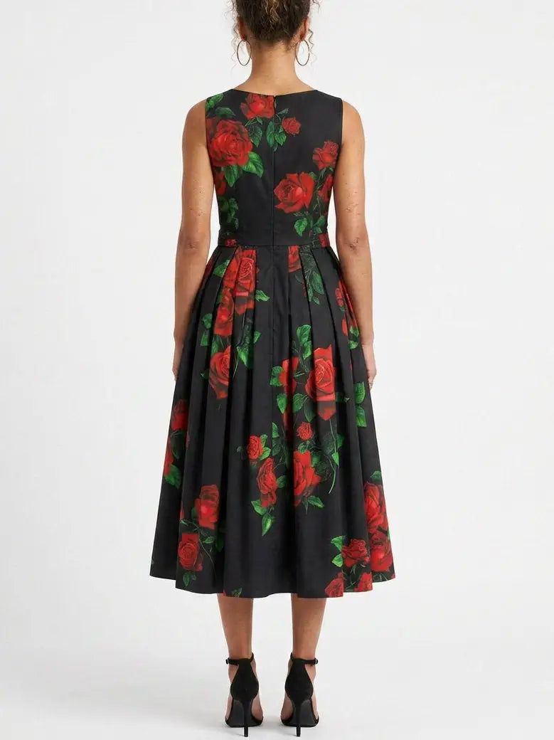 Black Midi Dress with Red Rose Print - Dresses