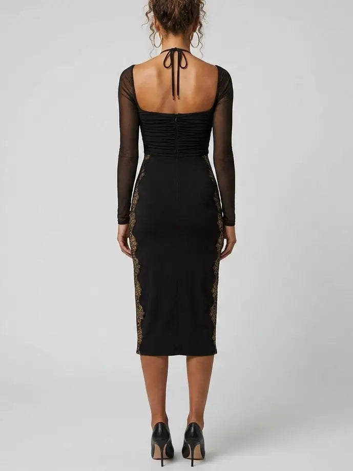 Black Midi Dress with Sheer Sleeves and Lace Panels - Dresses