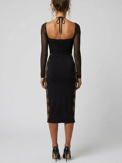 Black Midi Dress with Sheer Sleeves and Lace Panels - Dresses