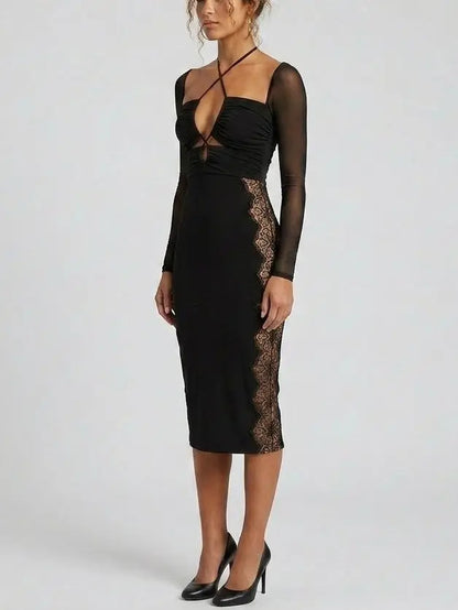 Black Midi Dress with Sheer Sleeves and Lace Panels - Dresses