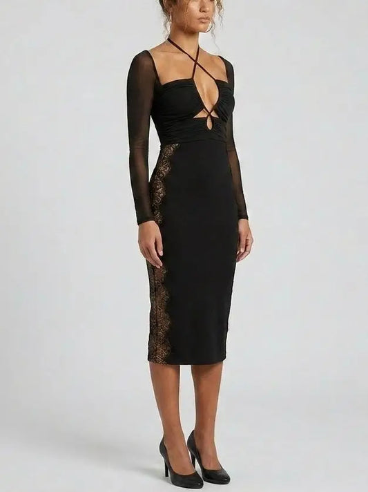 Black Midi Dress with Sheer Sleeves and Lace Panels - Dresses