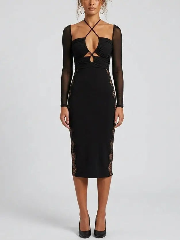 Black Midi Dress with Sheer Sleeves and Lace Panels - Dresses