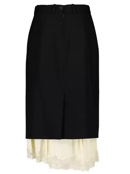 Black Midi Pencil Skirt with Lace Layering - Skirts