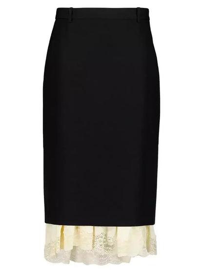 Black Midi Pencil Skirt with Lace Layering - Skirts
