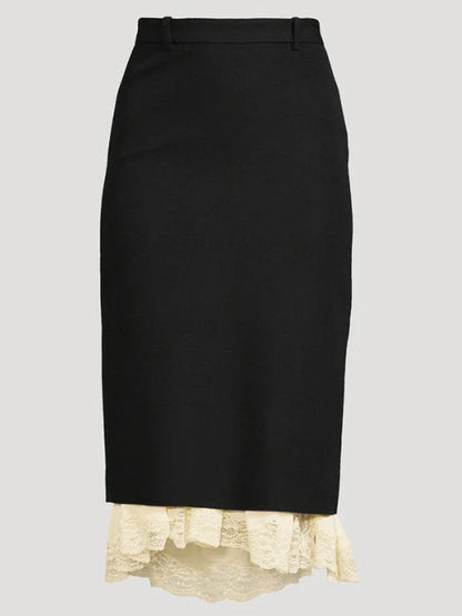 Black Midi Pencil Skirt with Lace Layering - Skirts