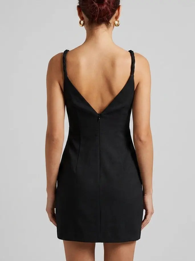 Black Mini Dress with Contrast 3D Floral Detail - Dresses