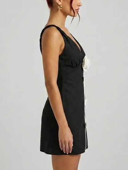 Black Mini Dress with Contrast 3D Floral Detail - Dresses