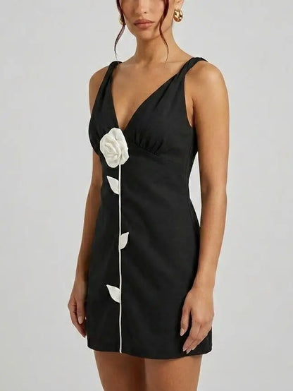 Black Mini Dress with Contrast 3D Floral Detail - Dresses
