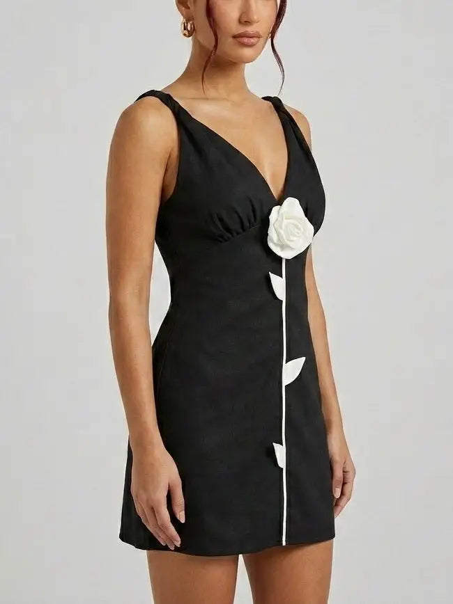 Black Mini Dress with Contrast 3D Floral Detail - Dresses