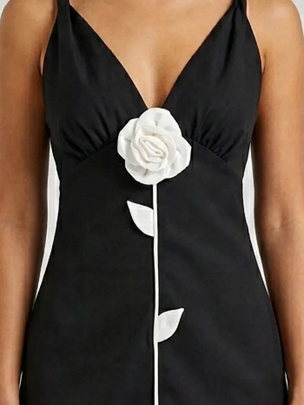 Black Mini Dress with Contrast 3D Floral Detail - Dresses
