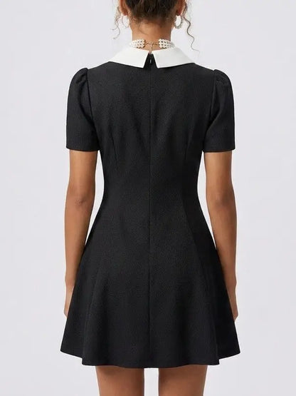 Black Mini Dress with Rhinestone White Contrast Collar - Dresses