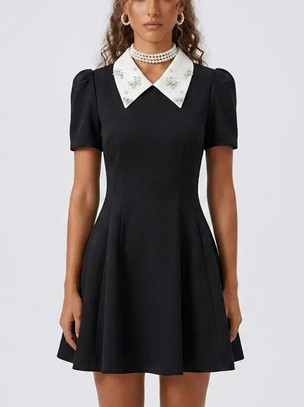 Black Mini Dress with Rhinestone White Contrast Collar - Dresses