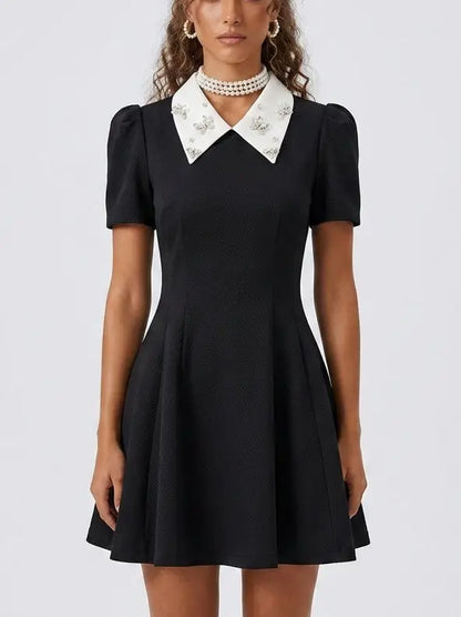 Black Mini Dress with Rhinestone White Contrast Collar - Dresses