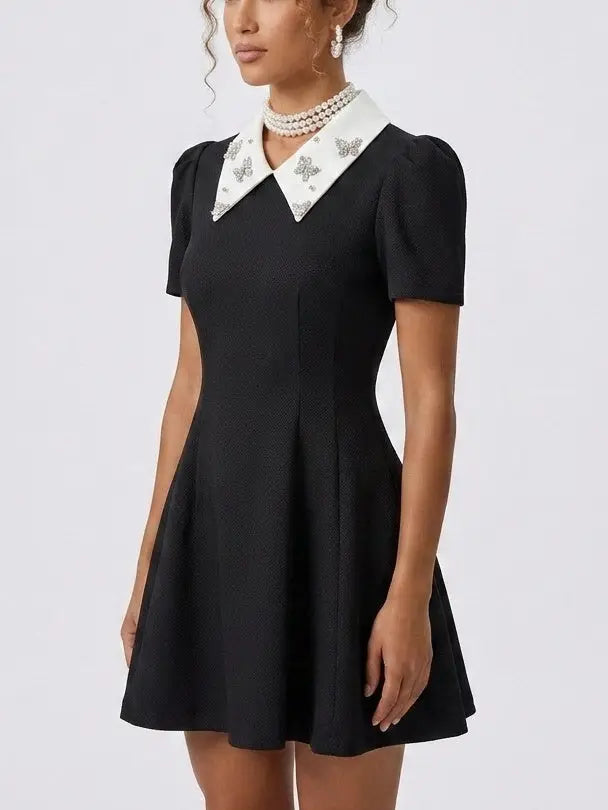 Black Mini Dress with Rhinestone White Contrast Collar - Dresses