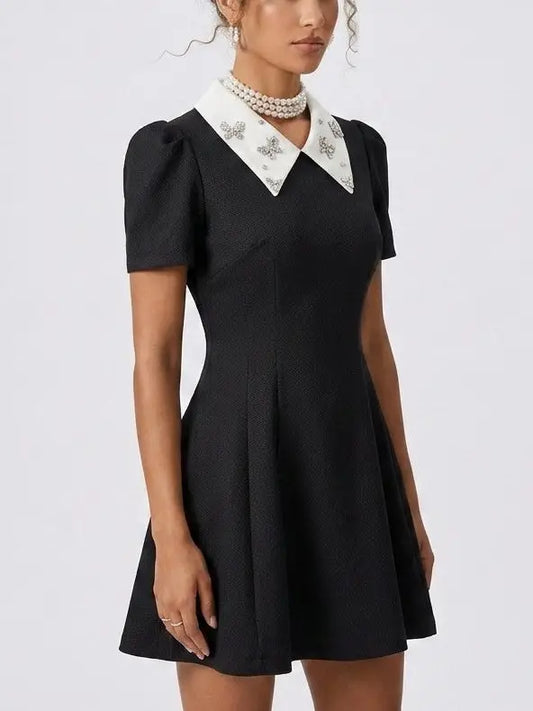 Black Mini Dress with Rhinestone White Contrast Collar - Dresses