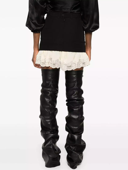 Black Mini Skirt with Lace Layering - Skirts