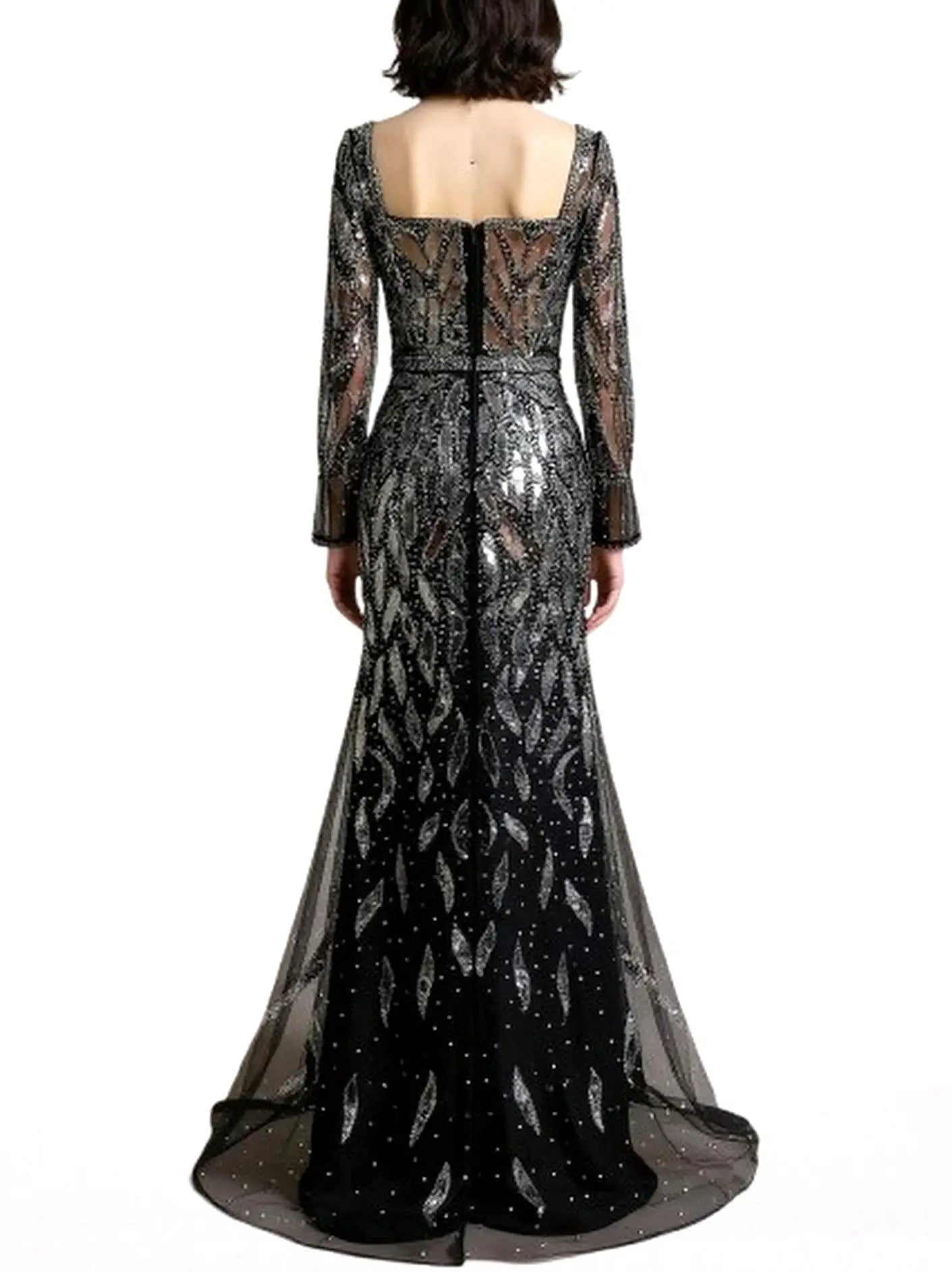 Black Mirror-Embellished Long Sleeve Mermaid Gown - Dresses