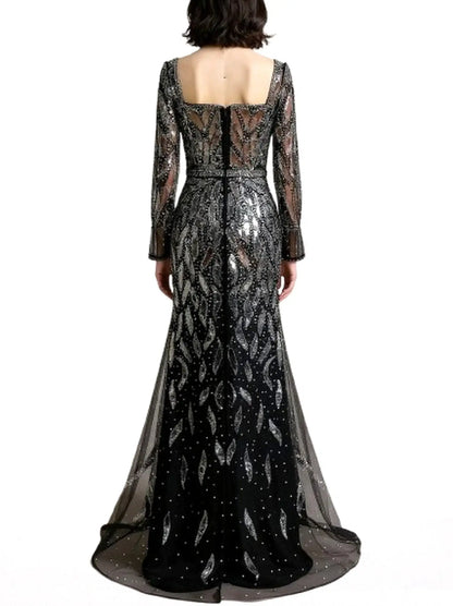 Black Mirror-Embellished Long Sleeve Mermaid Gown - Dresses