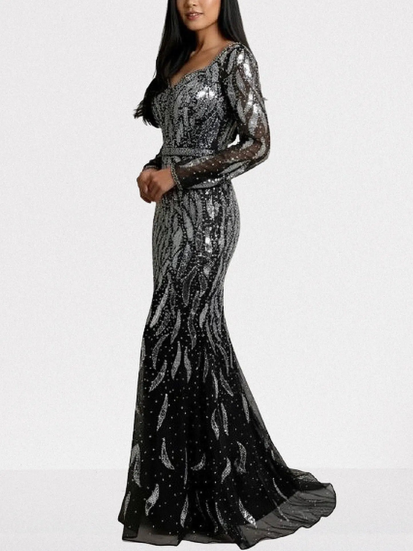 Black Mirror-Embellished Long Sleeve Mermaid Gown - Dresses
