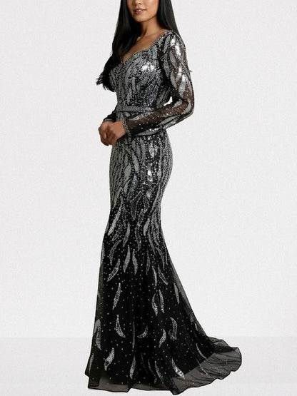Black Mirror-Embellished Long Sleeve Mermaid Gown - Dresses