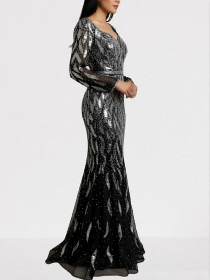 Black Mirror-Embellished Long Sleeve Mermaid Gown - Dresses