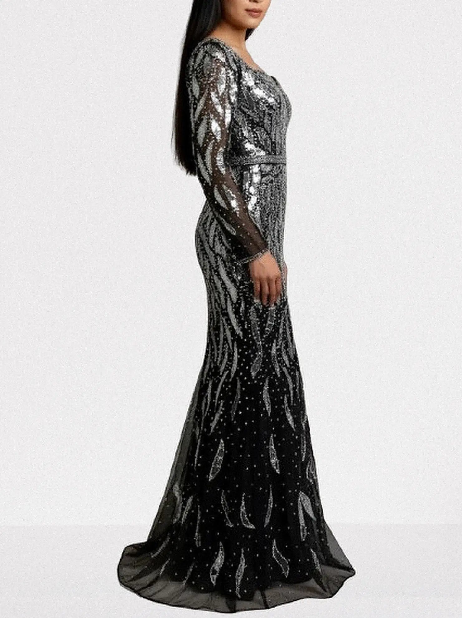 Black Mirror-Embellished Long Sleeve Mermaid Gown - Dresses