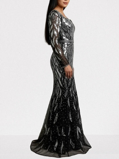 Black Mirror-Embellished Long Sleeve Mermaid Gown - Dresses