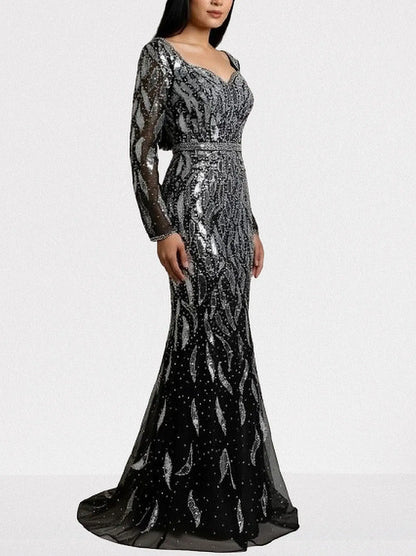 Black Mirror-Embellished Long Sleeve Mermaid Gown - Dresses