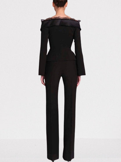 Black Off-Shoulder Jacket and Pant Suit with Lace Trim - Suits & Sets