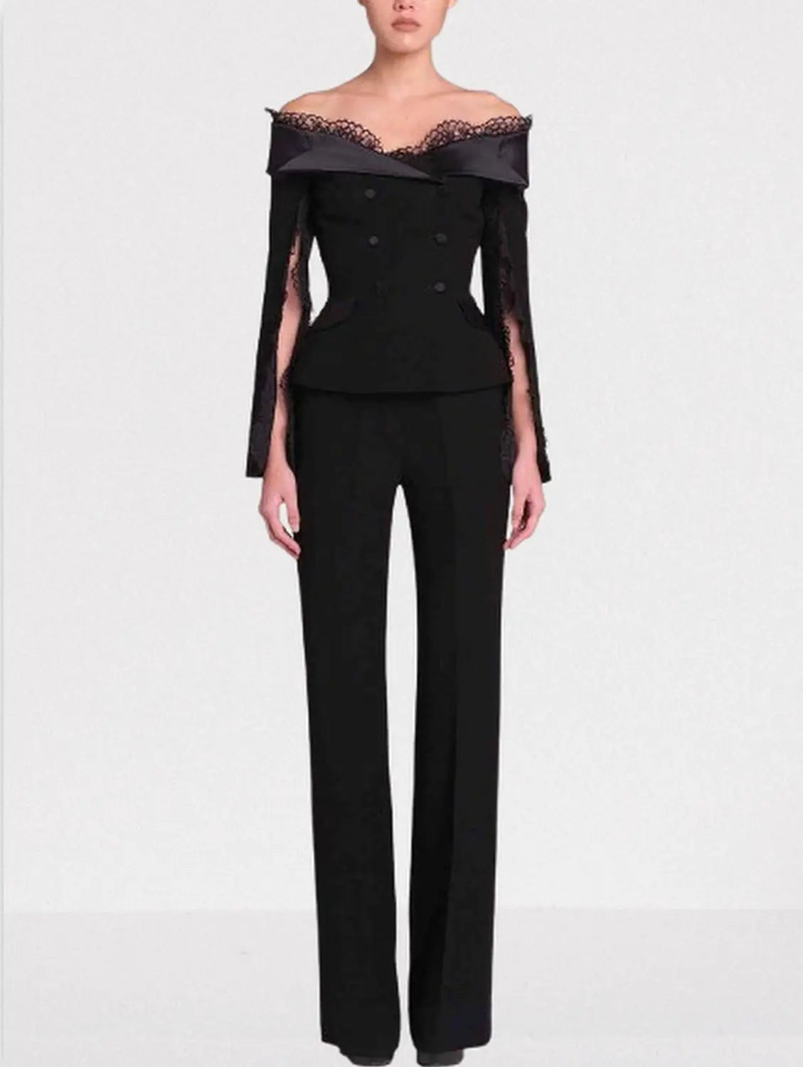 How to Style Black Lace-Trim Off-Shoulder Suit for Affordable Luxury with Branna Couture
