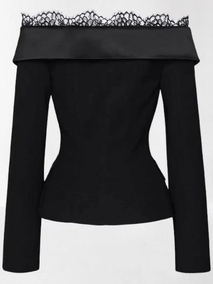 Black Off-Shoulder Jacket and Pant Suit with Lace Trim - Suits & Sets