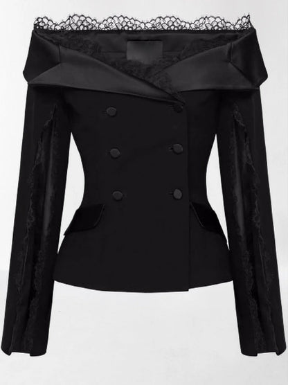 Black Off-Shoulder Jacket and Pant Suit with Lace Trim - Suits & Sets