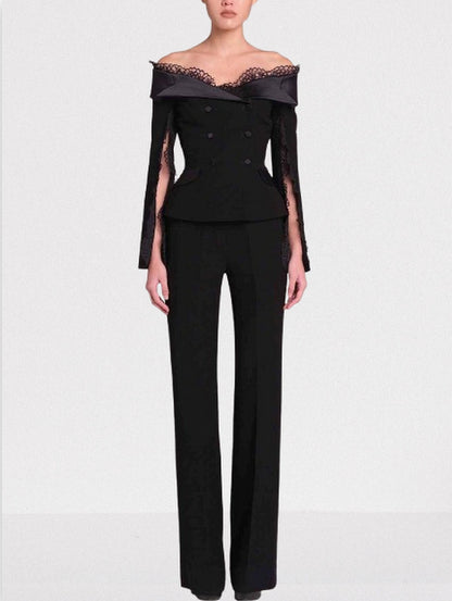 Black Off-Shoulder Jacket and Pant Suit with Lace Trim - Suits & Sets