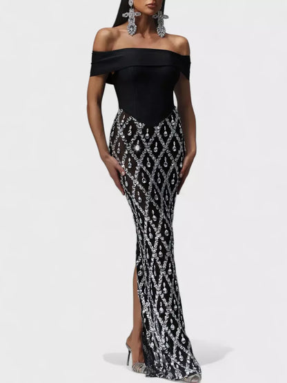 Black Off-The-Shoulder Stretch Embellished Maxi Dress