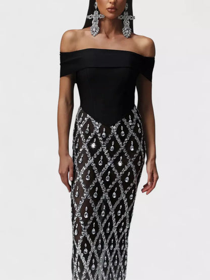 Black Off-The-Shoulder Stretch Embellished Maxi Dress