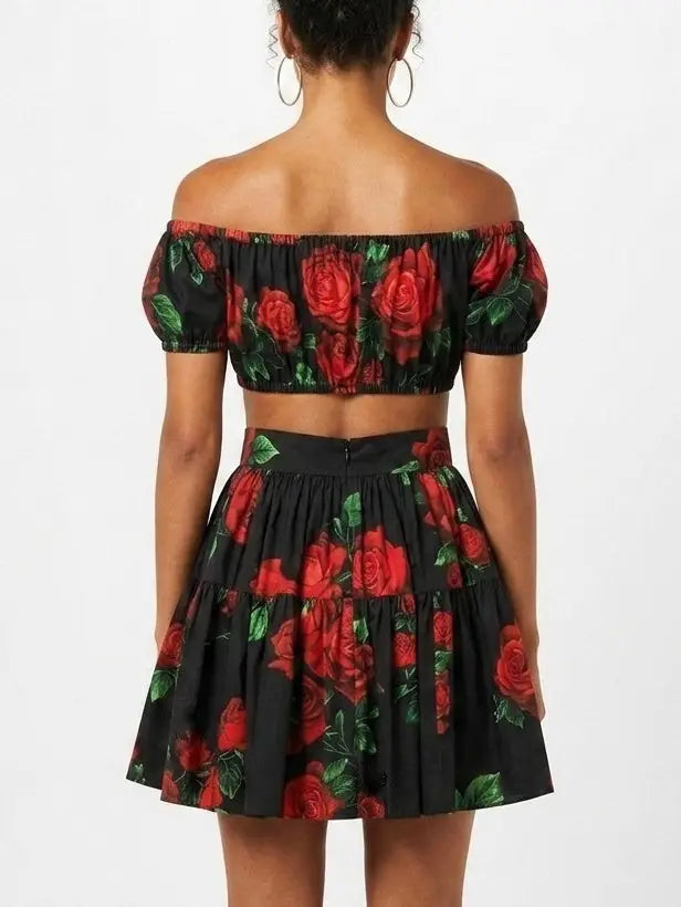 Black Off Shoulder Crop Top and Skirt Set with Rose Print - Suits & Sets