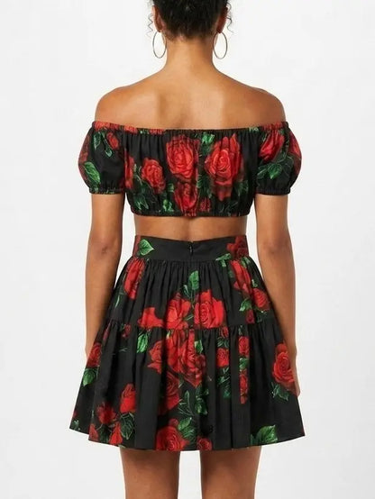 Black Off Shoulder Crop Top and Skirt Set with Rose Print - Suits & Sets