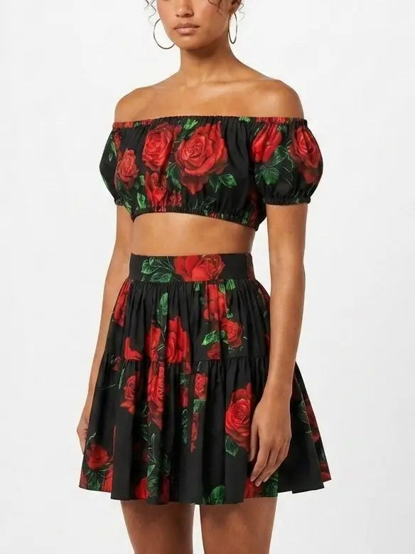 Black Off Shoulder Crop Top and Skirt Set with Rose Print - Suits & Sets