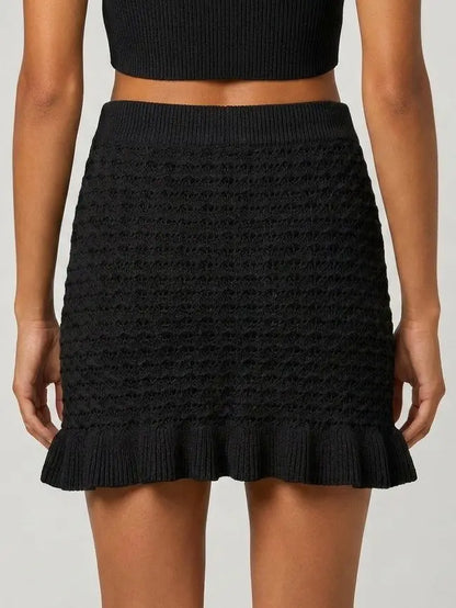 Black Open-Knit Ruffle Hem Mini Skirt - Skirts