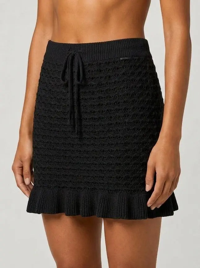 Black Open-Knit Ruffle Hem Mini Skirt - Skirts