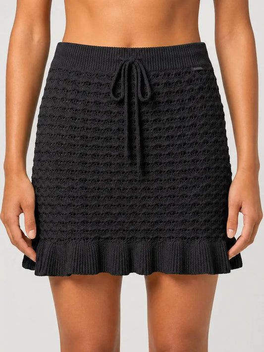 Black Open-Knit Ruffle Hem Mini Skirt - Small - Skirts