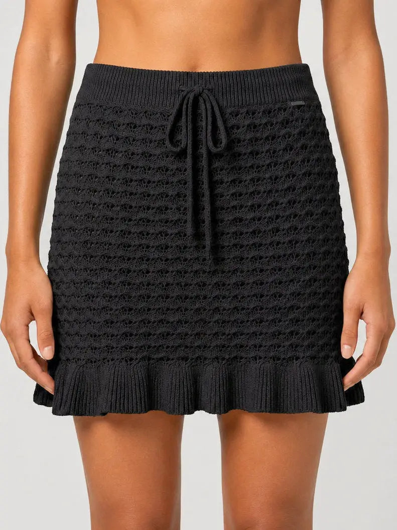 Black Open-Knit Ruffle Hem Mini Skirt - Skirts