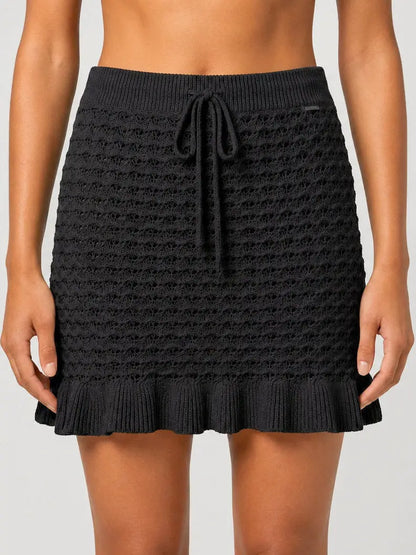 Black Open-Knit Ruffle Hem Mini Skirt - Skirts