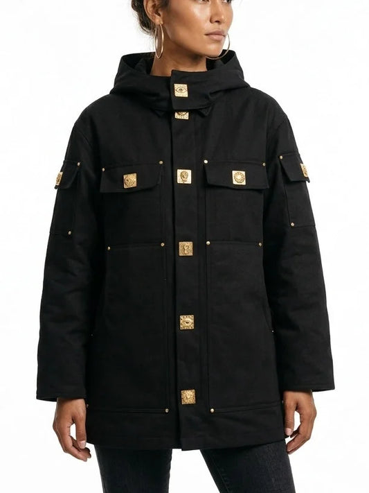 Black Padded Denim Parka with Gold Stud Details - Coats