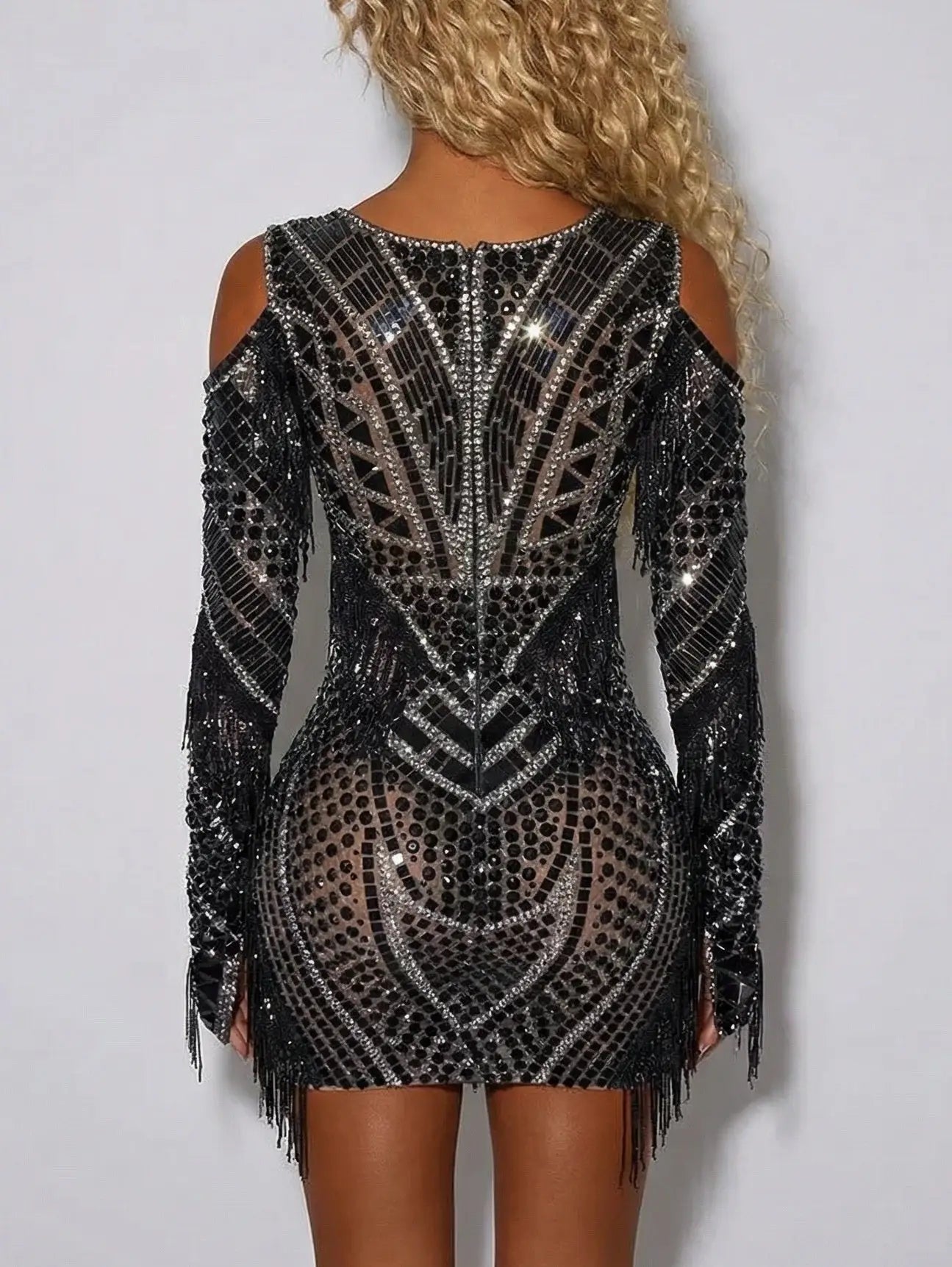 Black Paillette & Rhinestone Fringe Mini Dress - Dresses