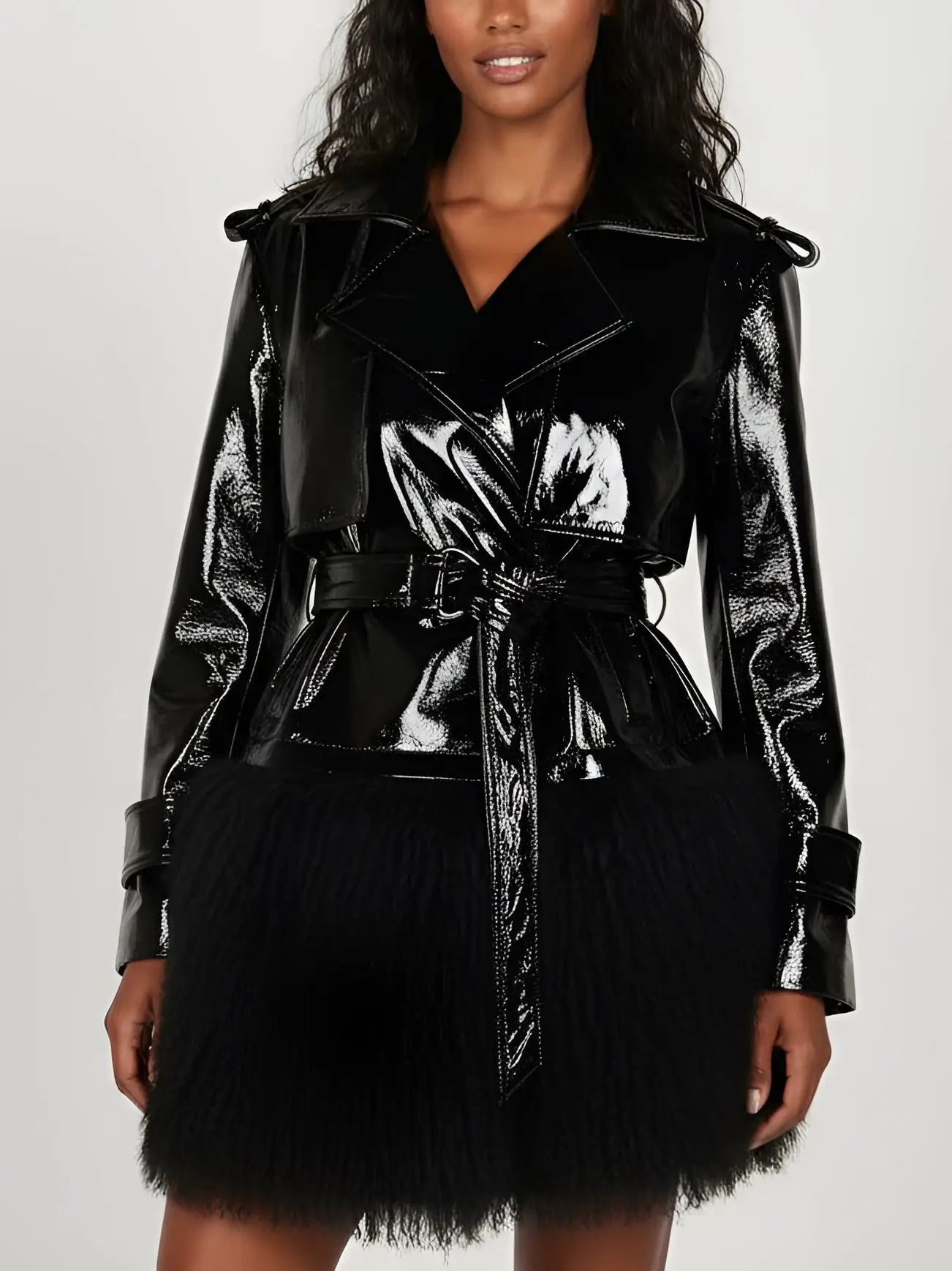 Black Patent Leather Jacket with Faux-Fur Trim - Jackets
