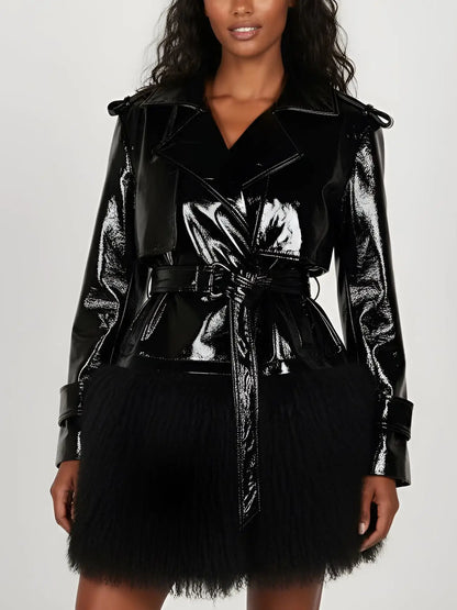 Black Patent Leather Jacket with Faux-Fur Trim - Jackets