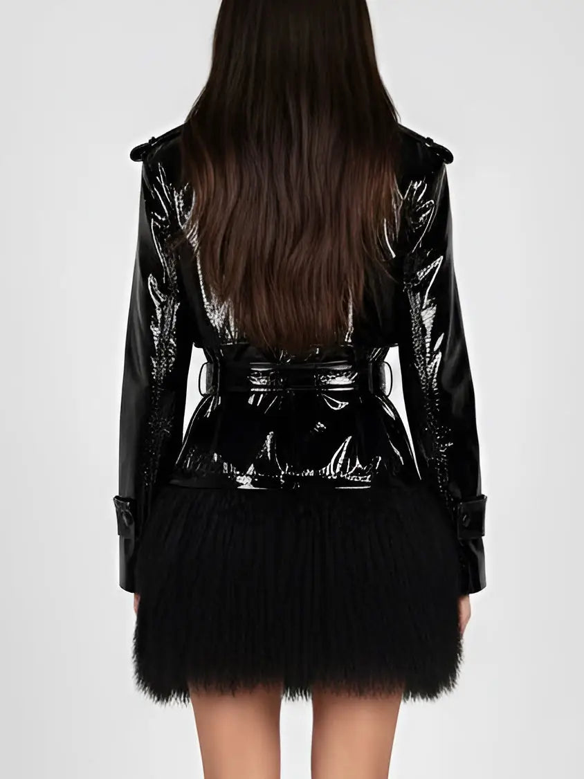Black Patent Leather Jacket with Faux-Fur Trim - Jackets