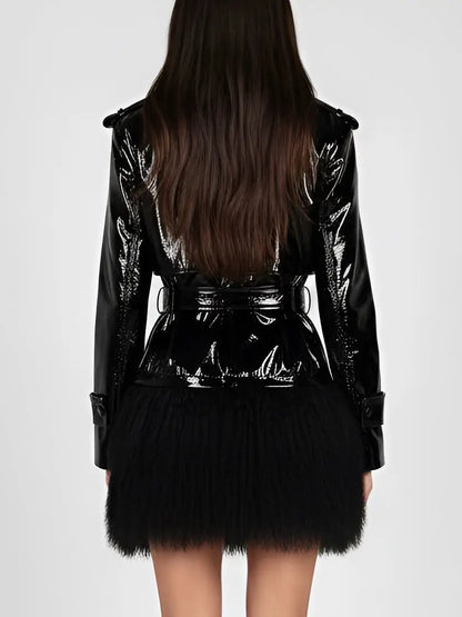 Black Patent Leather Jacket with Faux-Fur Trim - Jackets