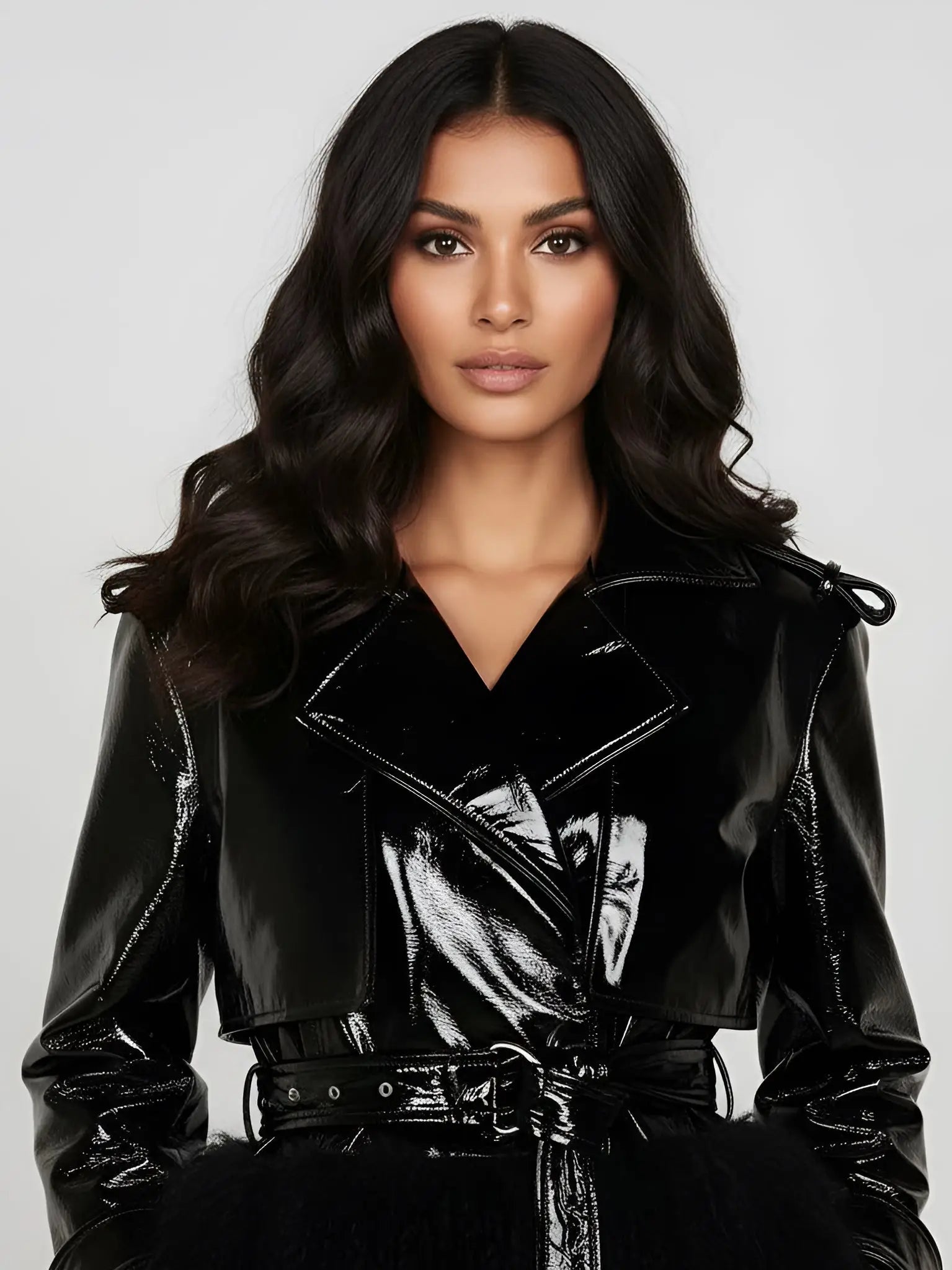 Black Patent Leather Jacket with Faux-Fur Trim - Jackets